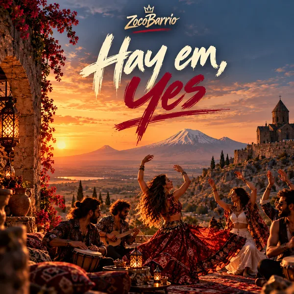 Cover of Hay em, Yes: dancers and musicians on a terrace at sunset, Mount Ararat and a stone church behind.
