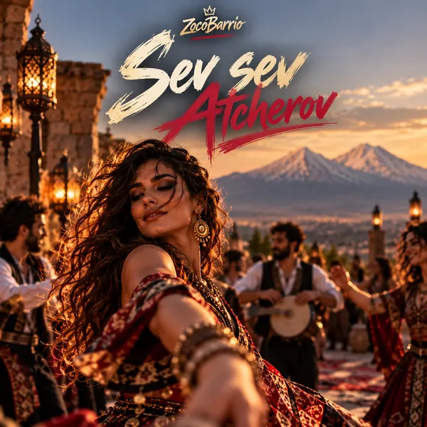 Cover of Sev Sev Atcherov: a dark-eyed dancer smiles over her shoulder at golden hour, a drummer and twin snowy peaks behind.