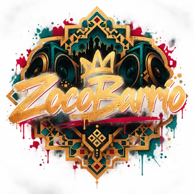ZocoBarrio emblem: gold brush lettering and a crown over a teal and red mosaic with speakers and a city skyline.